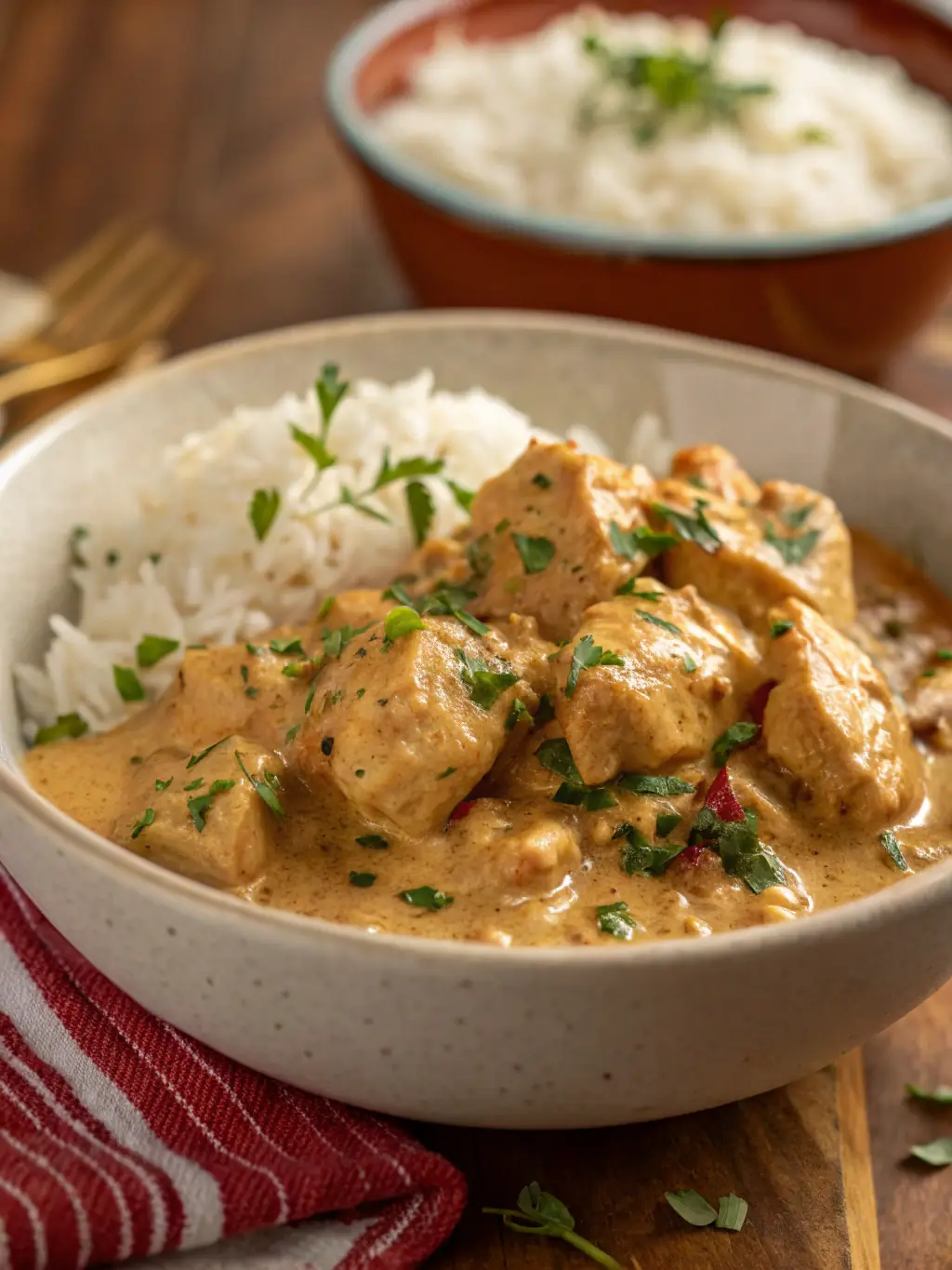 An enticing image of Chicken Mafe, showcasing the creamy peanut sauce coating the tender chicken pieces, served with a side of rice or couscous. The photo should emphasize the dish's rich texture and comforting flavors.