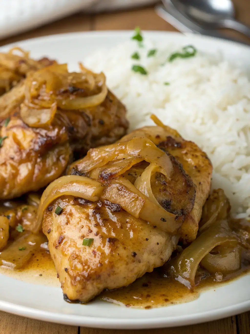 A vibrant photo of Yassa Chicken, showcasing the golden-brown chicken pieces smothered in a rich, flavorful onion sauce, served with a side of white rice. The image should emphasize the dish's savory aroma and authentic Senegalese preparation.