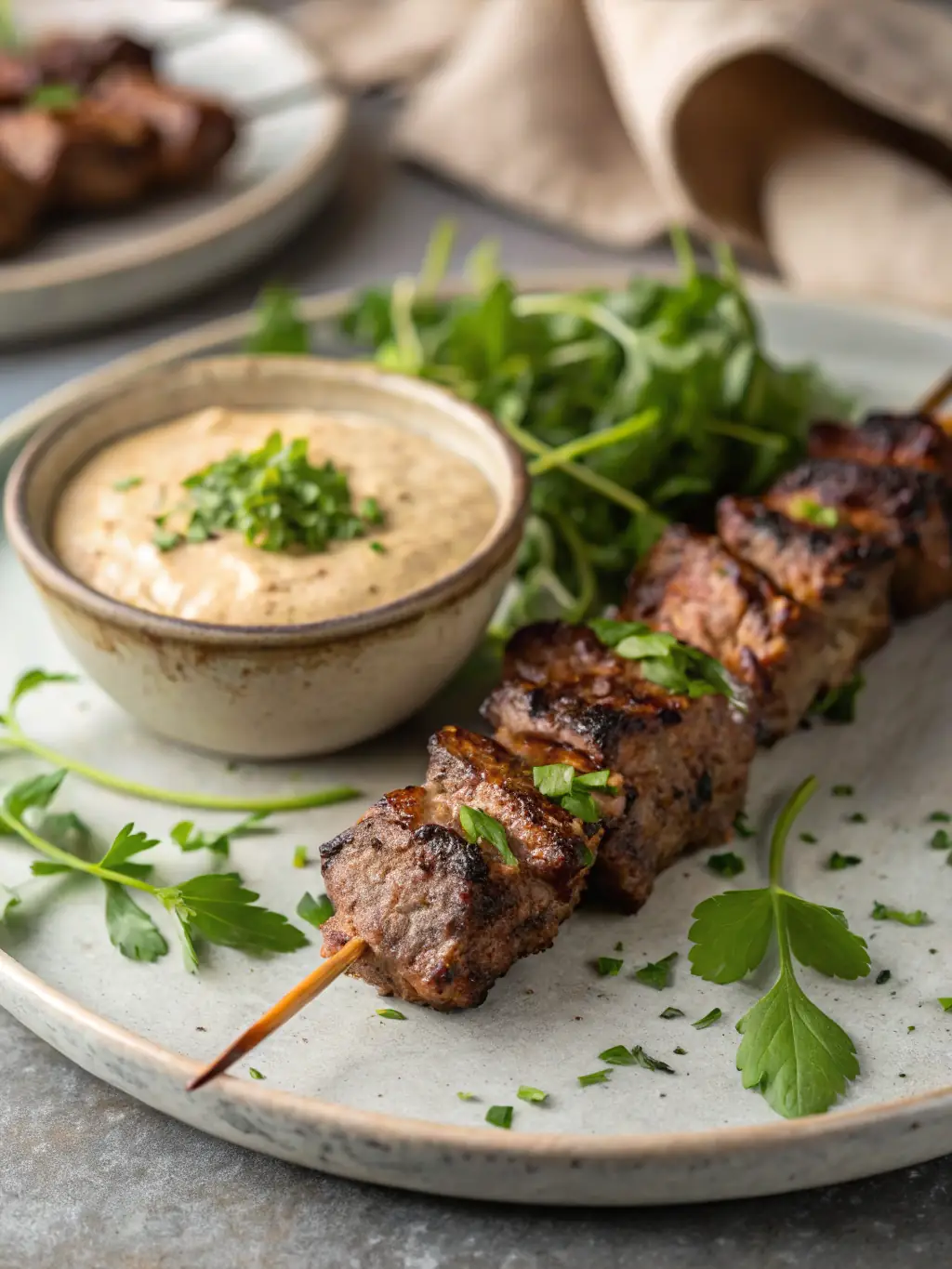 A close-up shot of perfectly grilled Chicken Brochettes, highlighting the smoky char and vibrant colors of the marinated chicken skewers. The image should convey the freshness and simplicity of this popular street food.